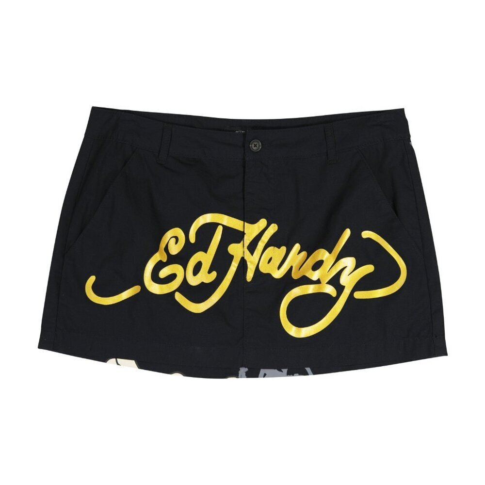 NWT ED HARDY WOMEN'S LKS SKULL SKIRT BLACK POPLIN LARGE